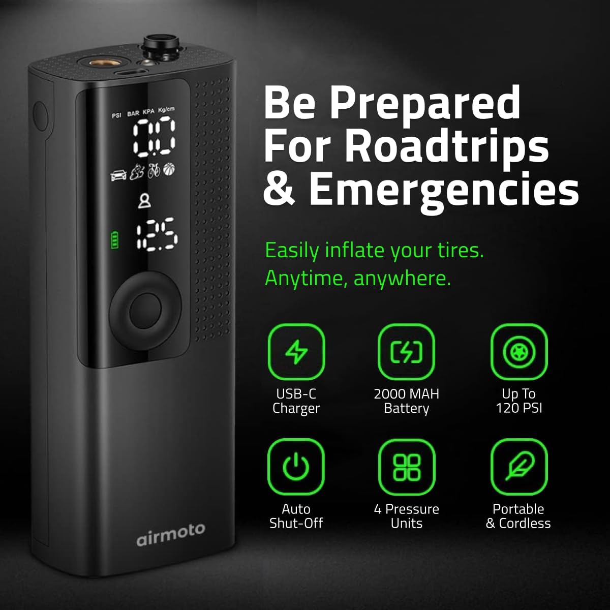 Airmoto Portable Tire Inflator - Air Pump for Car Tires